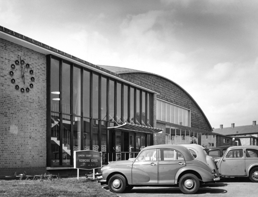 A black and white photo of The Halley Academy building taken in the mid-20th Century.
