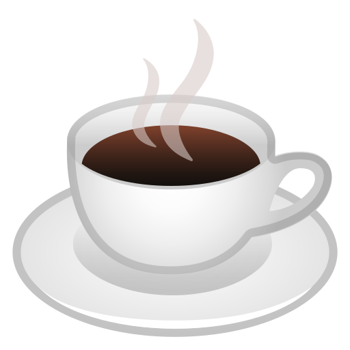 A graphic image of a hot beverage in a mug, sitting on a dish with steam flowing out.