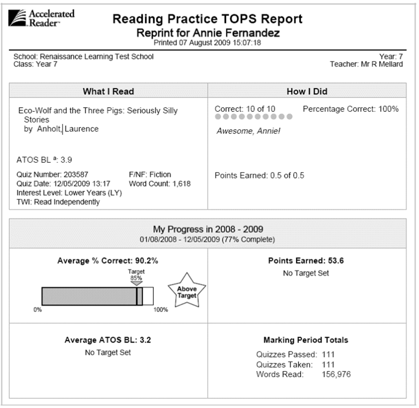 Reading Practice TOPS Report showing what the student read, How they did and their progress in the past year in terms of points earned and average correct