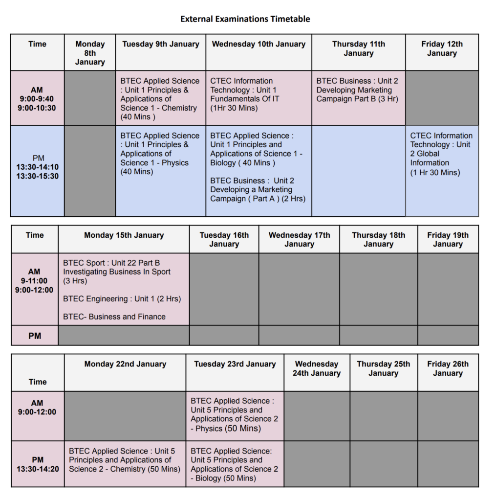 January 2024 External Exams Timetable